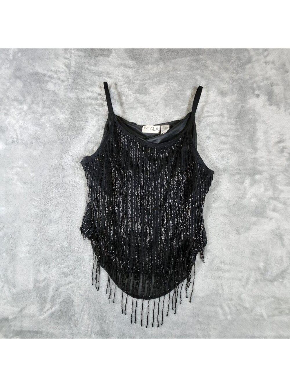 Scala Beaded Fringe Tank Top XL Black Silk Festival Club Biker Goth Party Gatsby